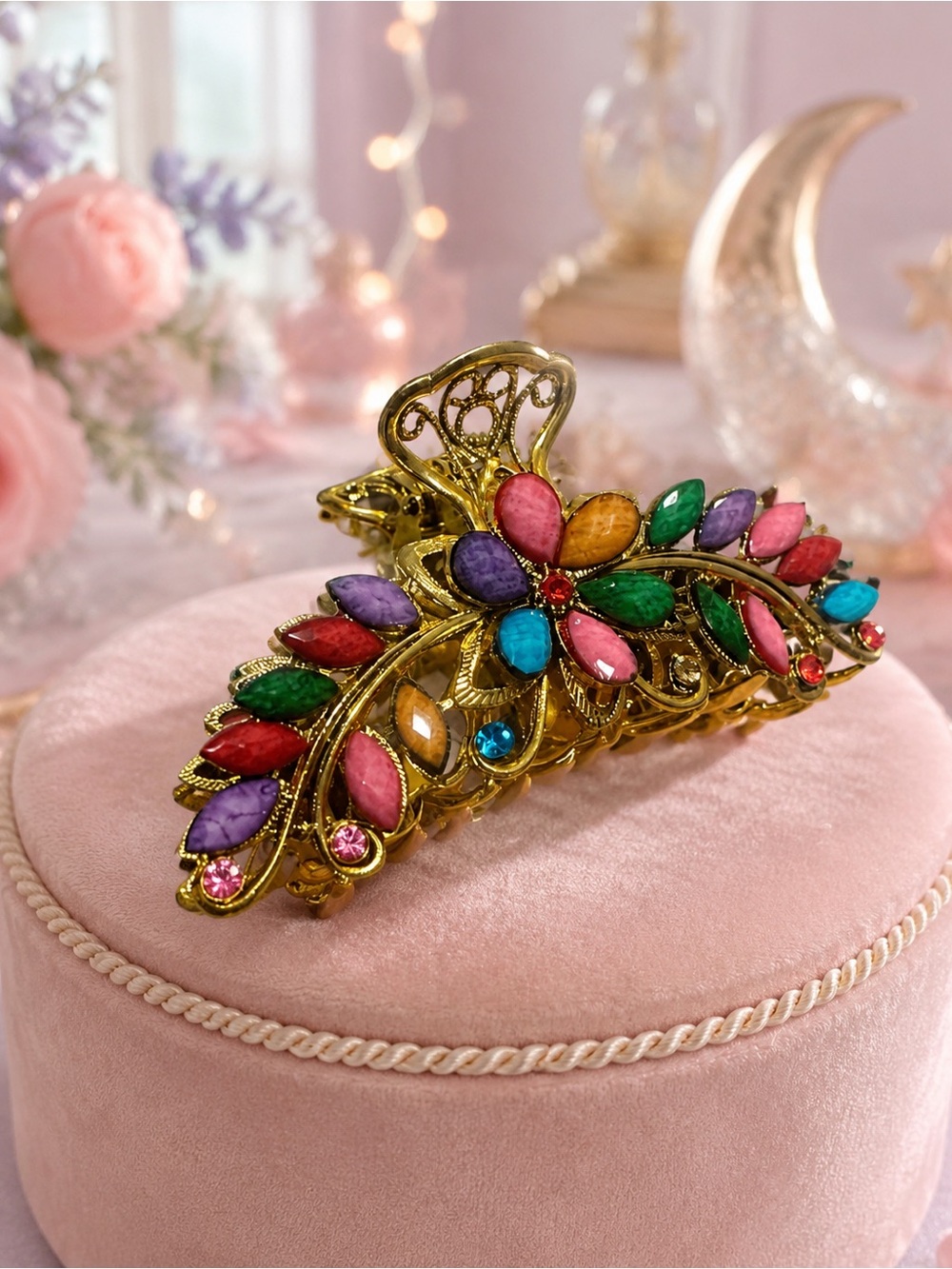 Gold Multicolor Floral Jewel Hair Clip - Women Accessories